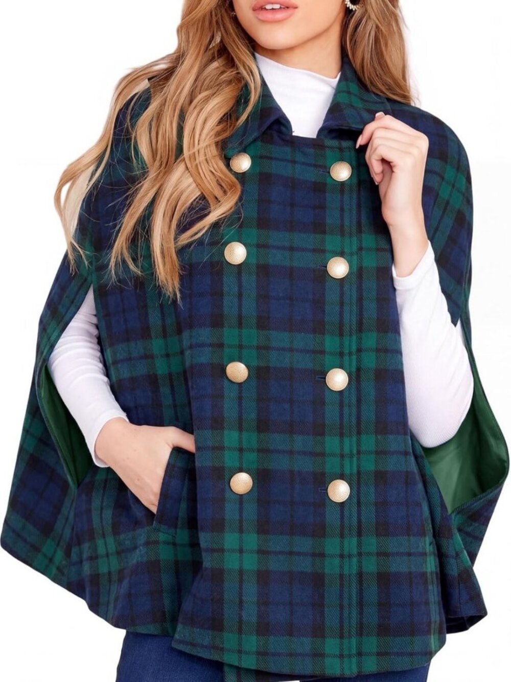 Stylish Women's Plaid Double-Breasted Winter Cape Coat with Pockets